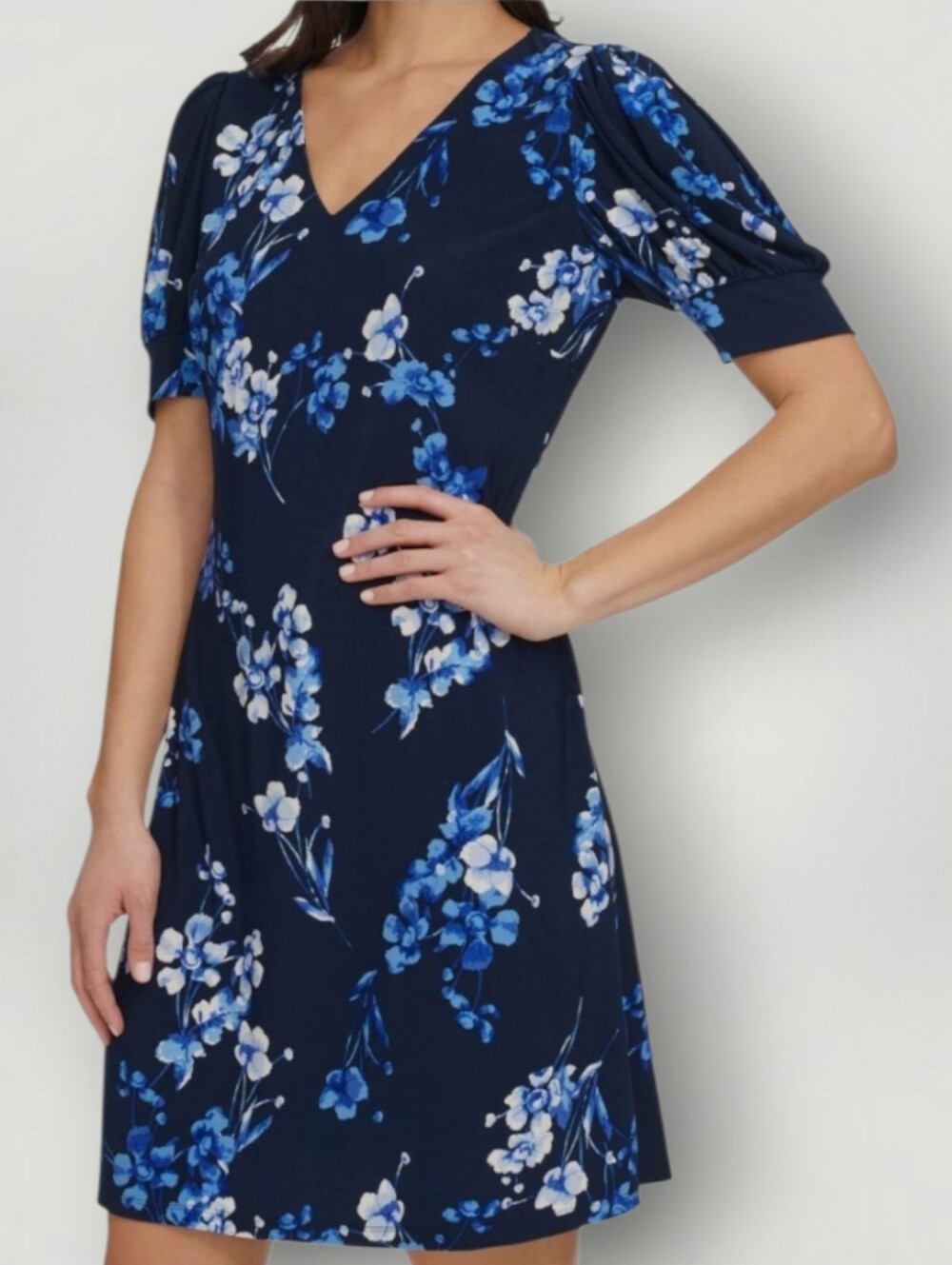 Tommy Hilfiger Women's 4 Navy Blue Floral Puff Sleeve A-Line Dress Midi Preppy